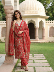 Jaitpuriya Red And Cream Pure Cotton Straight Regular Kurta Set