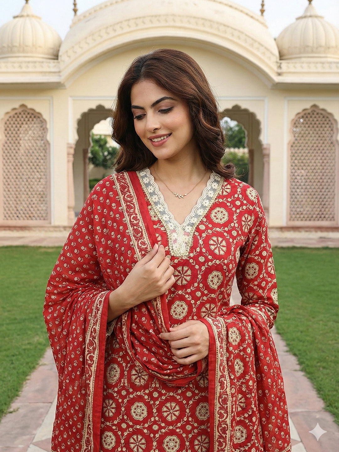Jaitpuriya Red And Cream Pure Cotton Straight Regular Kurta Set