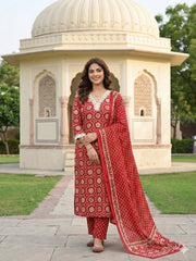 Jaitpuriya Red And Cream Pure Cotton Straight Regular Kurta Set