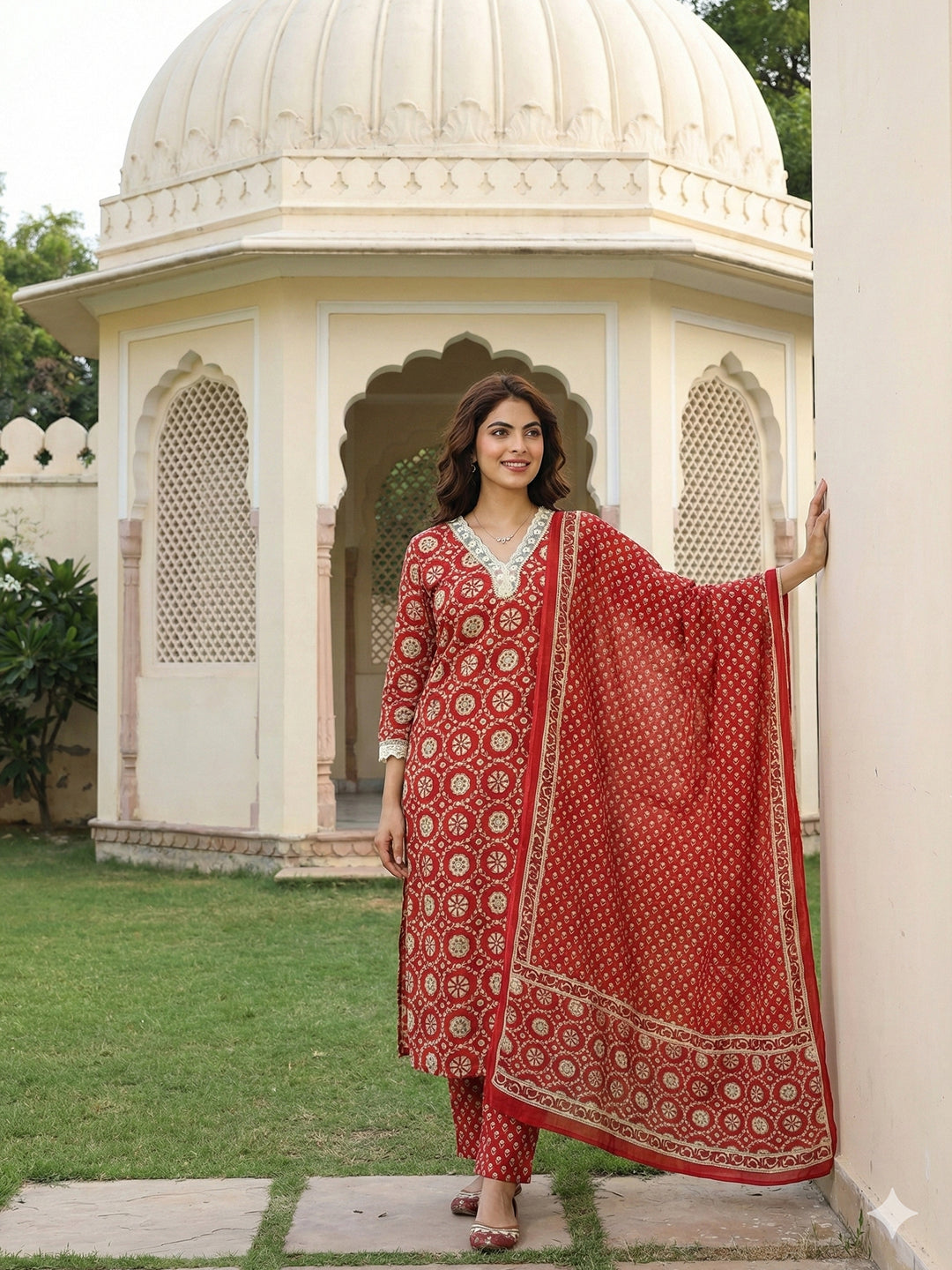 Jaitpuriya Red And Cream Pure Cotton Straight Regular Kurta Set