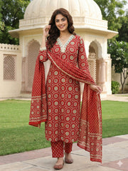 Jaitpuriya Red And Cream Pure Cotton Straight Regular Kurta Set