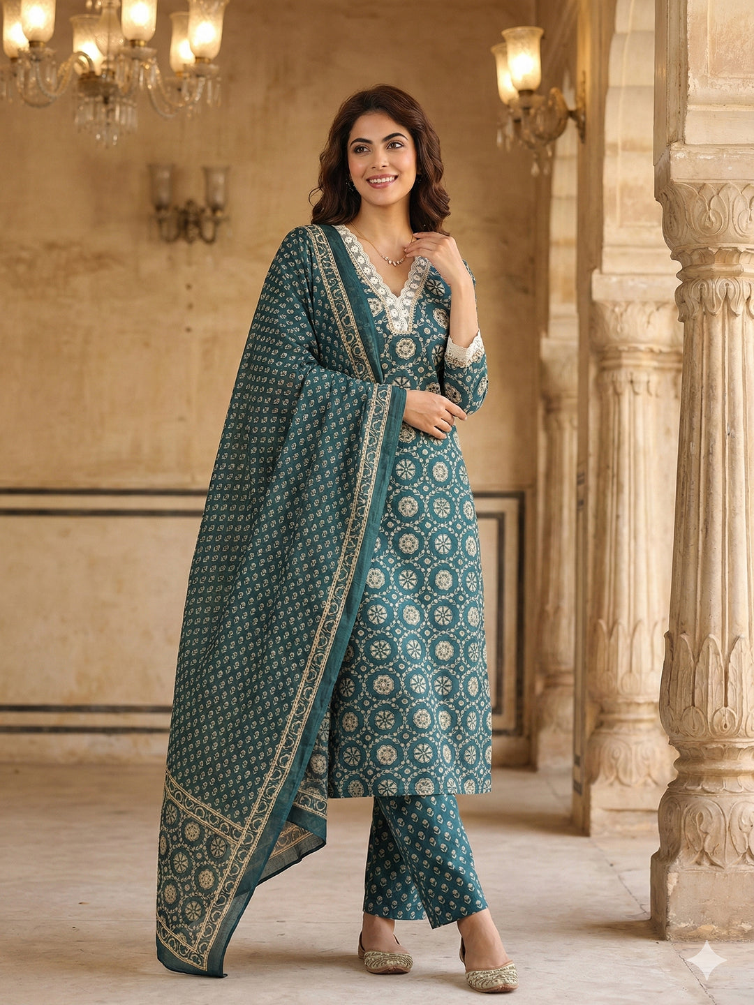 Jaitpuriya Teal Blue And Cream Pure Cotton Straight Regular Kurta Set