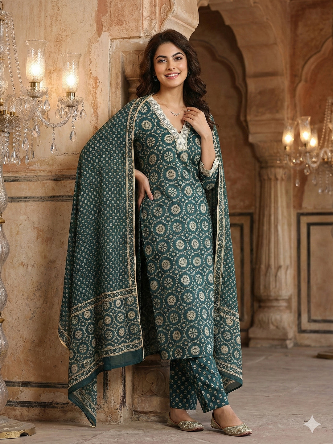 Jaitpuriya Teal Blue And Cream Pure Cotton Straight Regular Kurta Set