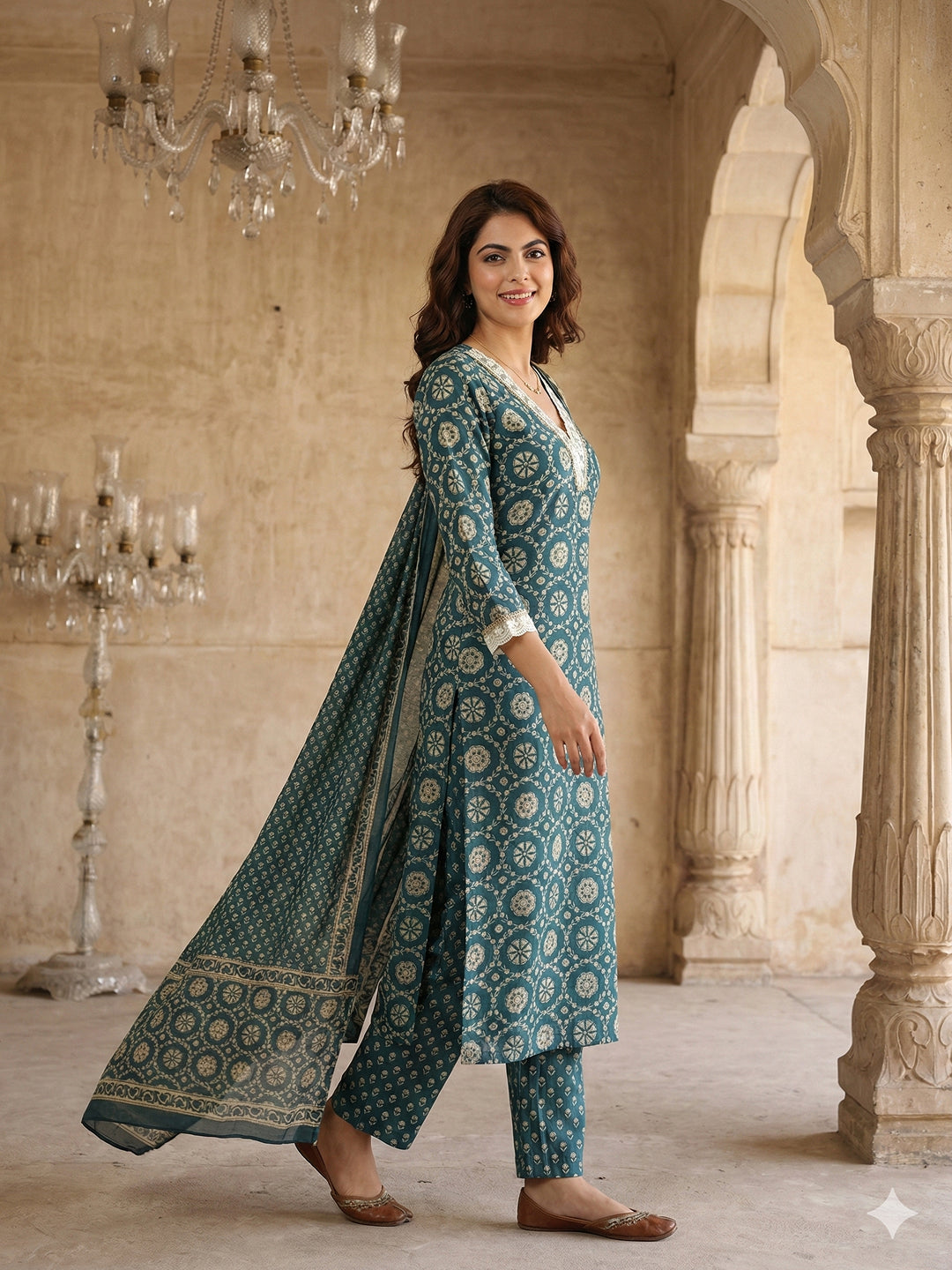 Jaitpuriya Teal Blue And Cream Pure Cotton Straight Regular Kurta Set