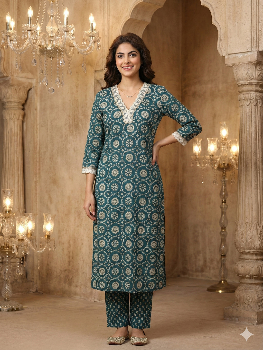Jaitpuriya Teal Blue And Cream Pure Cotton Straight Regular Kurta Set