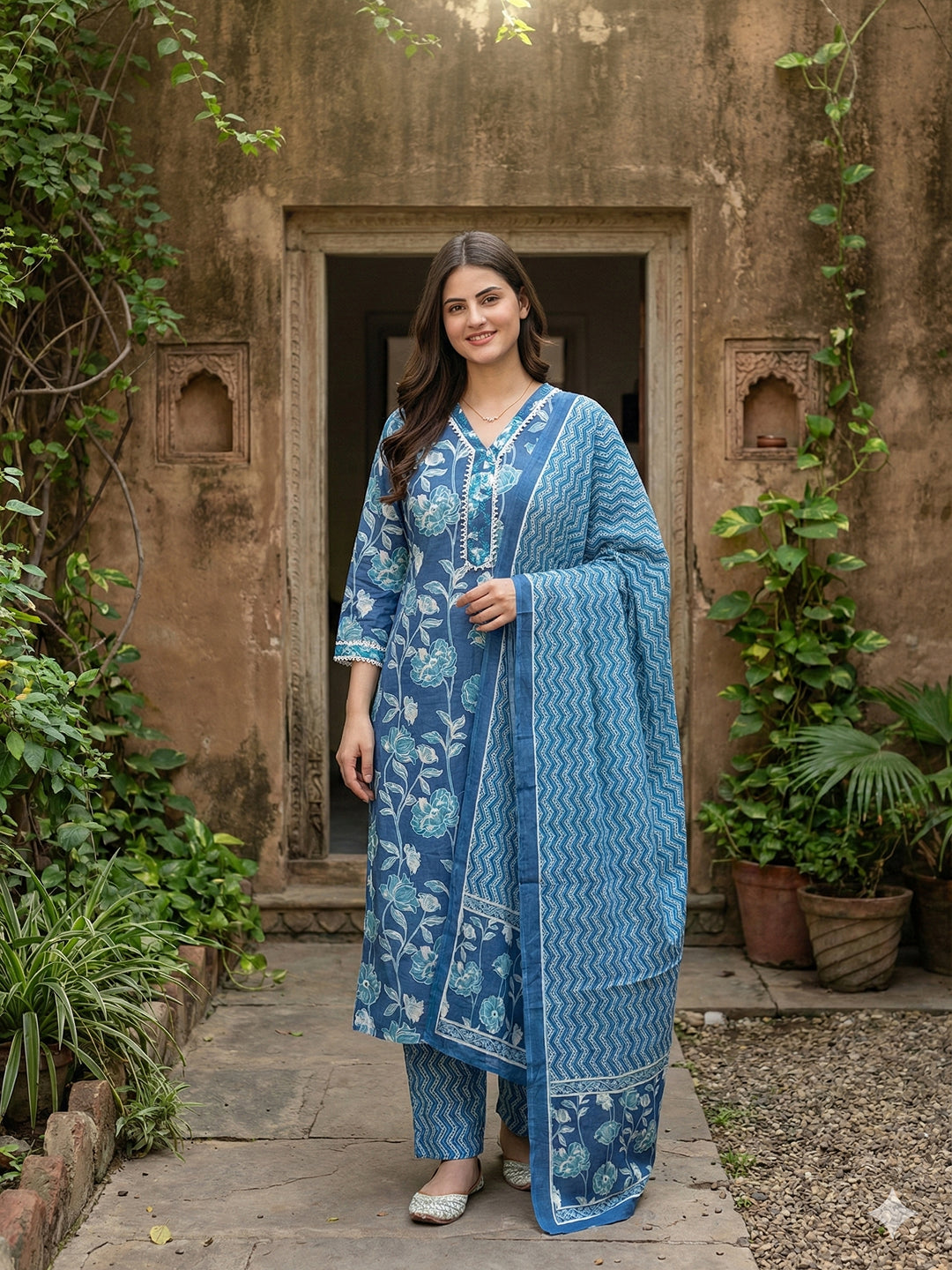 Jaitpuriya Blue Pure Cotton Straight Regular Kurta Set