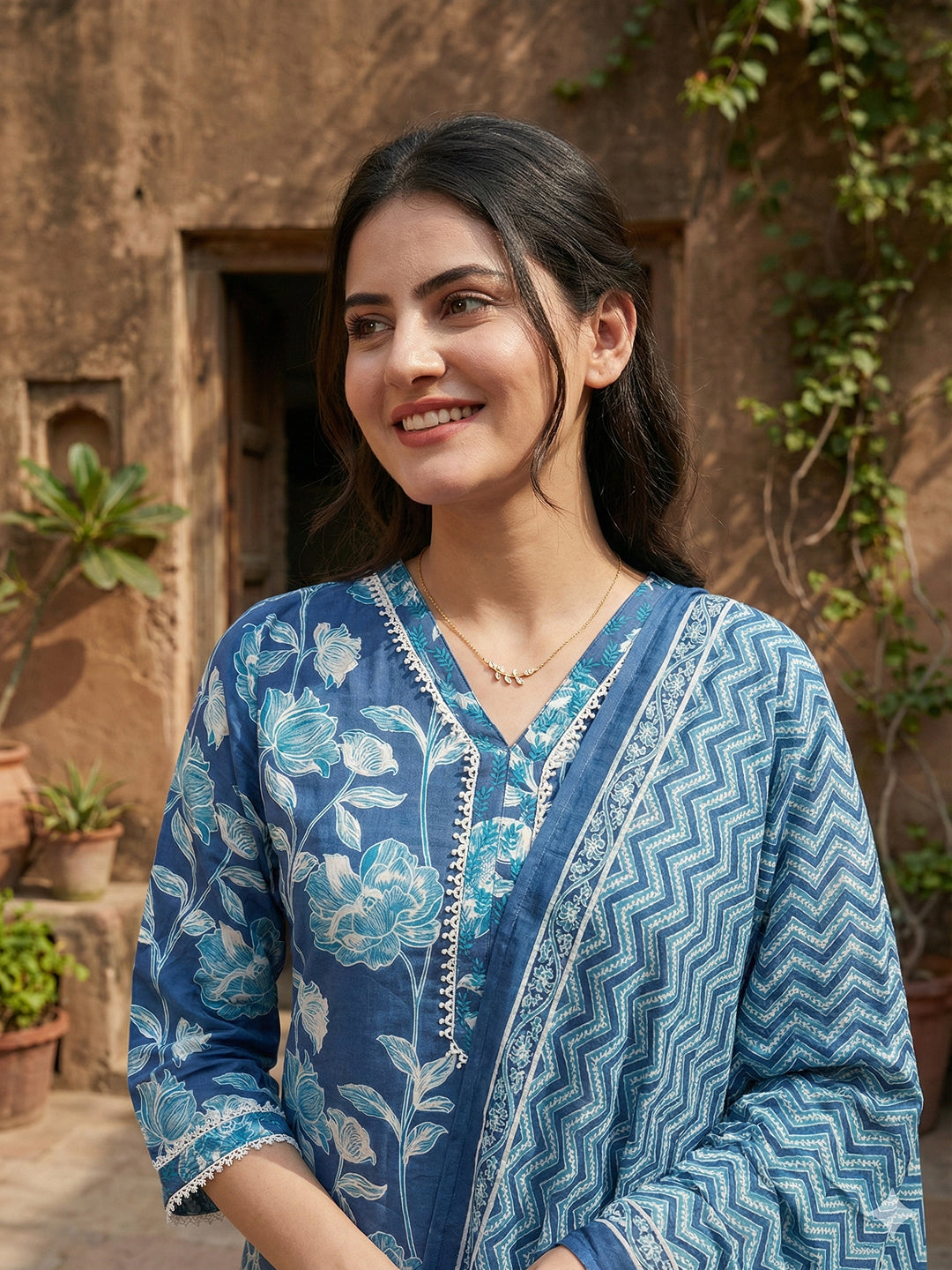Jaitpuriya Blue Pure Cotton Straight Regular Kurta Set