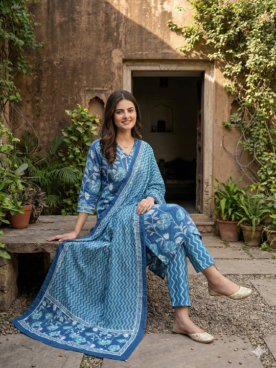 Jaitpuriya Blue Pure Cotton Straight Regular Kurta Set