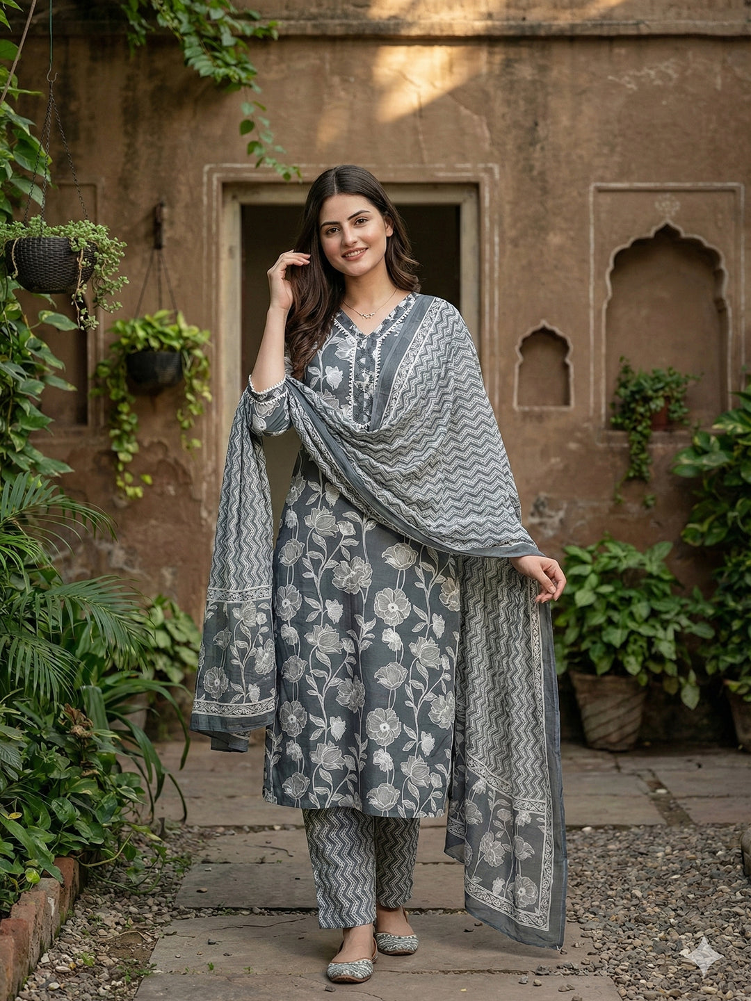 Jaitpuriya Grey Pure Cotton Straight Regular Kurta Set