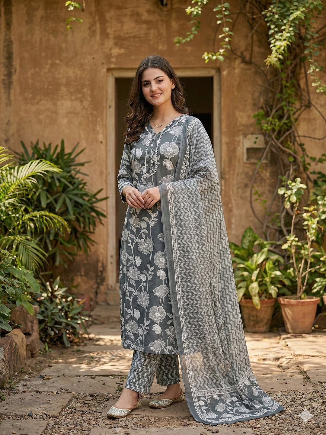 Jaitpuriya Grey Pure Cotton Straight Regular Kurta Set