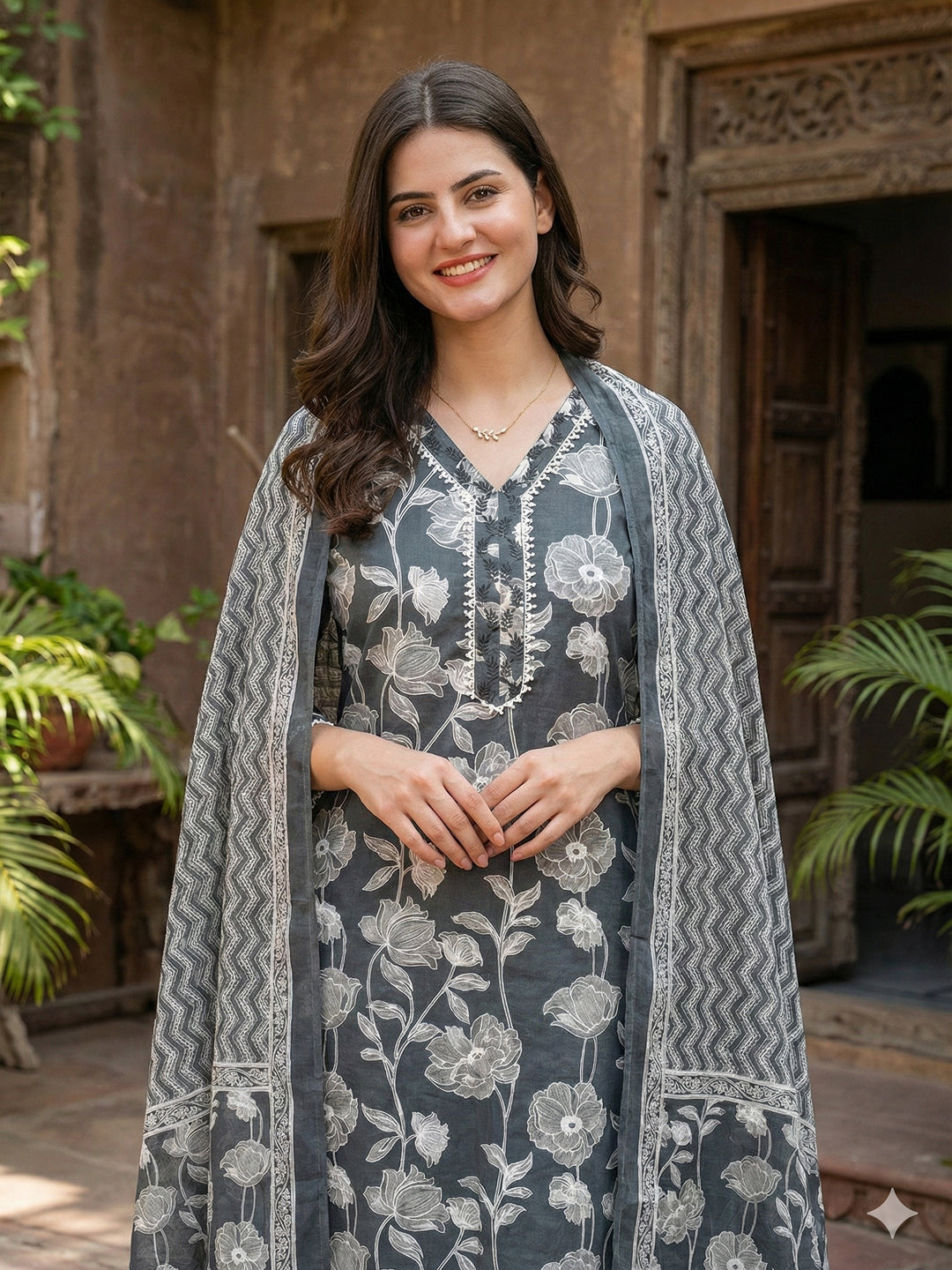 Jaitpuriya Grey Pure Cotton Straight Regular Kurta Set