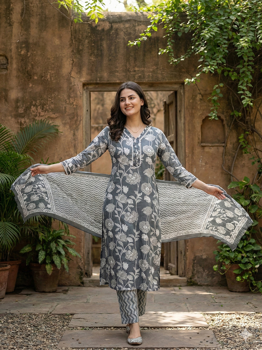 Jaitpuriya Grey Pure Cotton Straight Regular Kurta Set