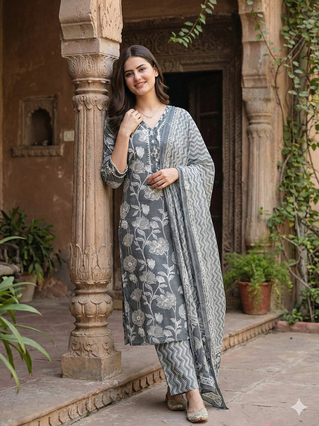 Jaitpuriya Grey Pure Cotton Straight Regular Kurta Set