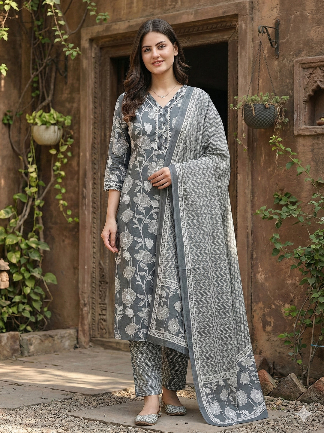 Jaitpuriya Grey Pure Cotton Straight Regular Kurta Set
