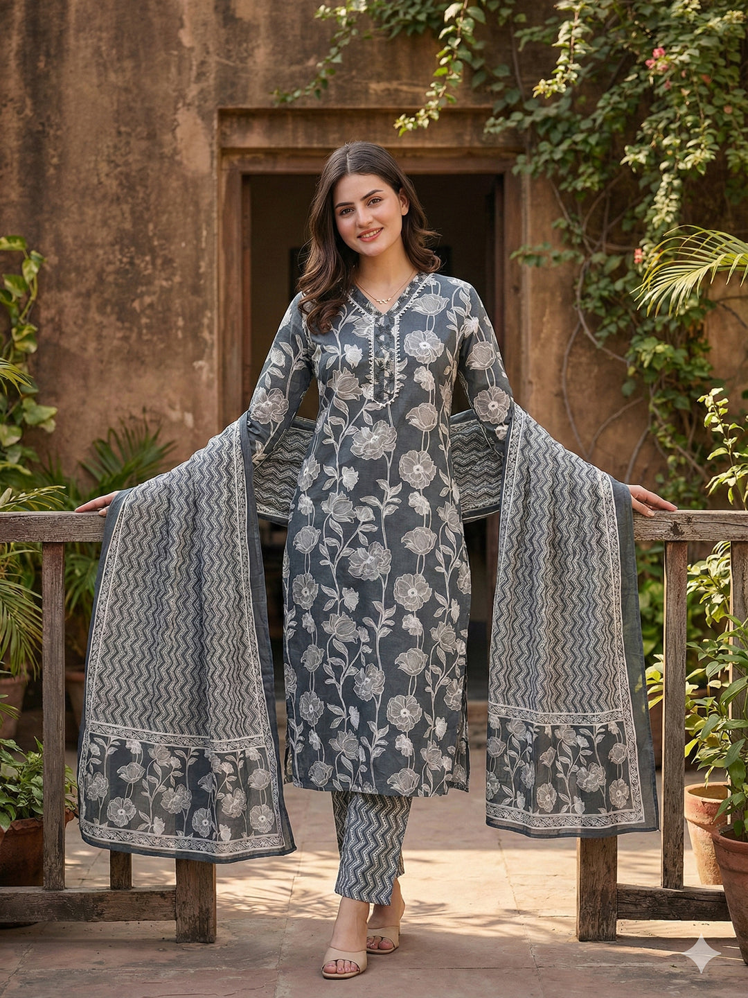 Jaitpuriya Grey Pure Cotton Straight Regular Kurta Set