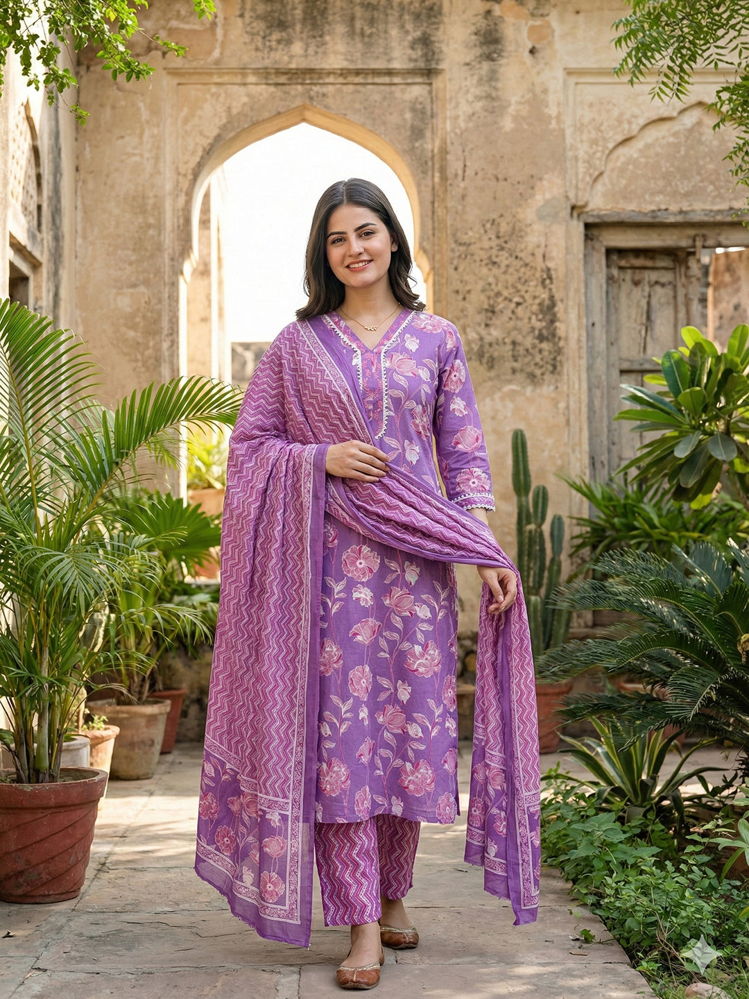 Jaitpuriya Purple Pure Cotton Straight Regular Kurta Set