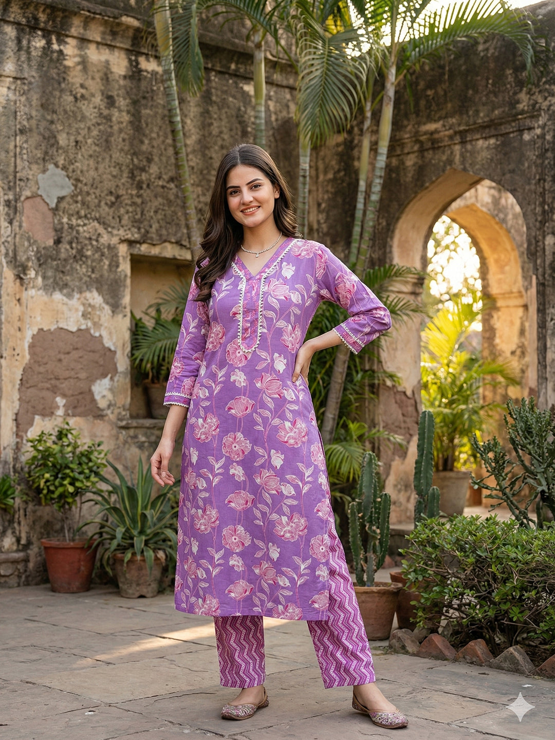 Jaitpuriya Purple Pure Cotton Straight Regular Kurta Set