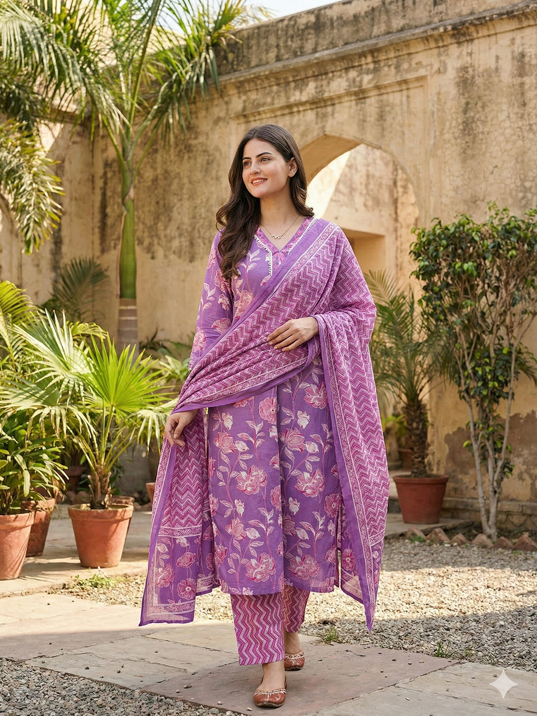 Jaitpuriya Purple Pure Cotton Straight Regular Kurta Set