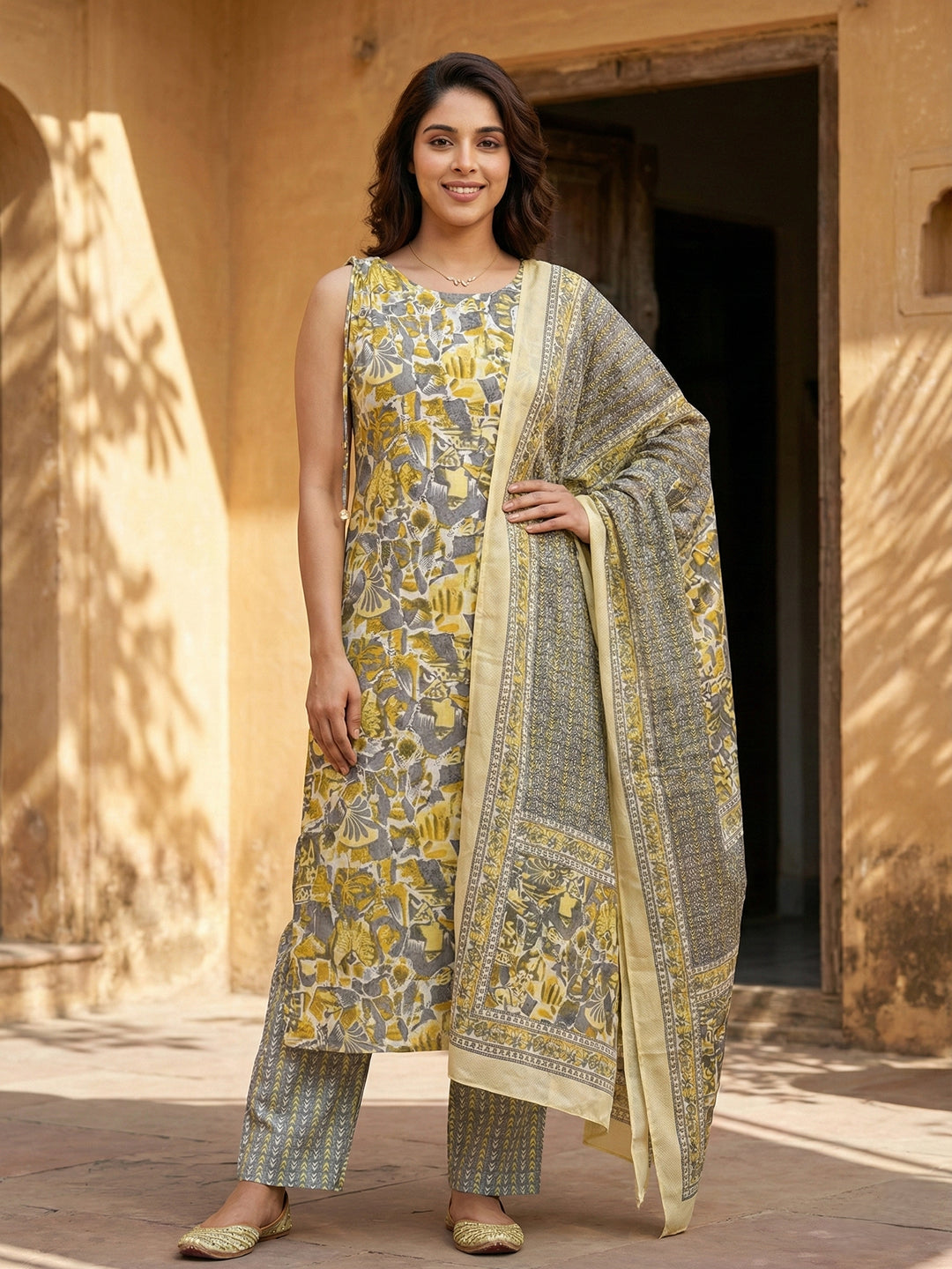 Jaitpuriya Grey And Yellow Pure Cotton Straight Regular Kurta Set