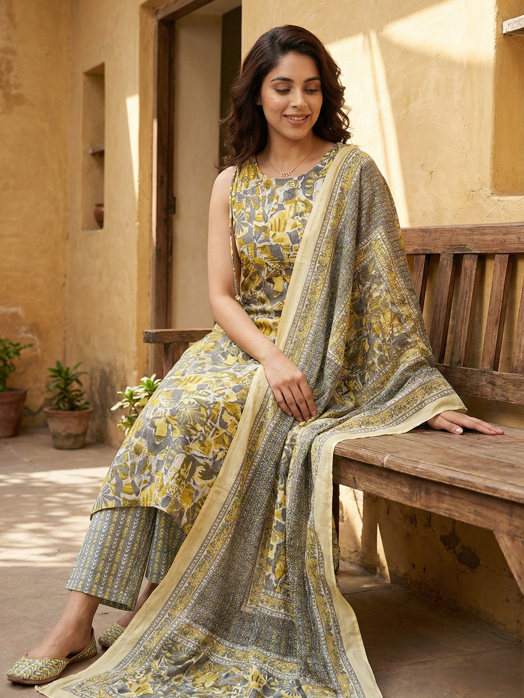 Jaitpuriya Grey And Yellow Pure Cotton Straight Regular Kurta Set