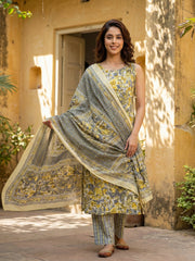 Jaitpuriya Grey And Yellow Pure Cotton Straight Regular Kurta Set
