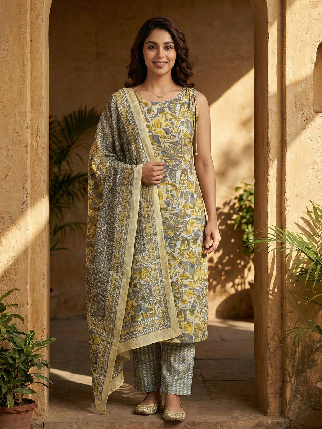 Jaitpuriya Grey And Yellow Pure Cotton Straight Regular Kurta Set