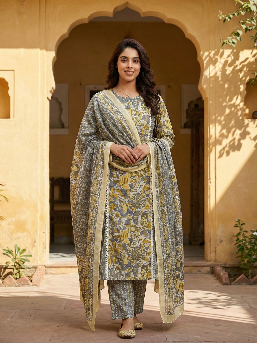 Jaitpuriya Grey And Yellow Pure Cotton Straight Regular Kurta Set