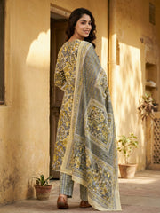 Jaitpuriya Grey And Yellow Pure Cotton Straight Regular Kurta Set
