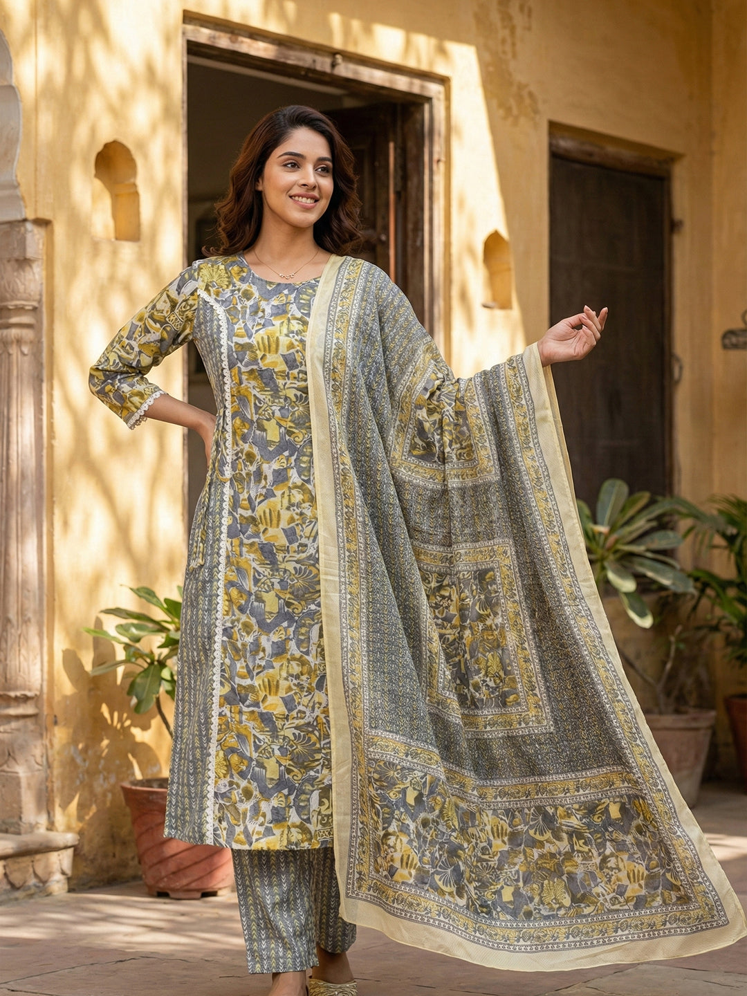 Jaitpuriya Grey And Yellow Pure Cotton Straight Regular Kurta Set