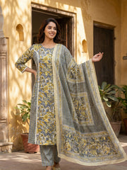 Jaitpuriya Grey And Yellow Pure Cotton Straight Regular Kurta Set