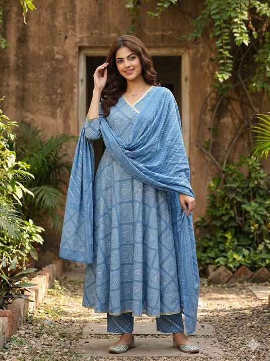 Jaitpuriya Blue Pure Cotton Anarkali Angrakha Kurta Set