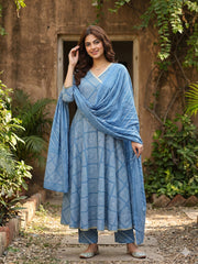 Jaitpuriya Blue Pure Cotton Anarkali Angrakha Kurta Set