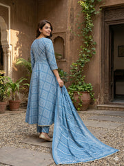 Jaitpuriya Blue Pure Cotton Anarkali Angrakha Kurta Set