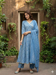 Jaitpuriya Blue Pure Cotton Anarkali Angrakha Kurta Set