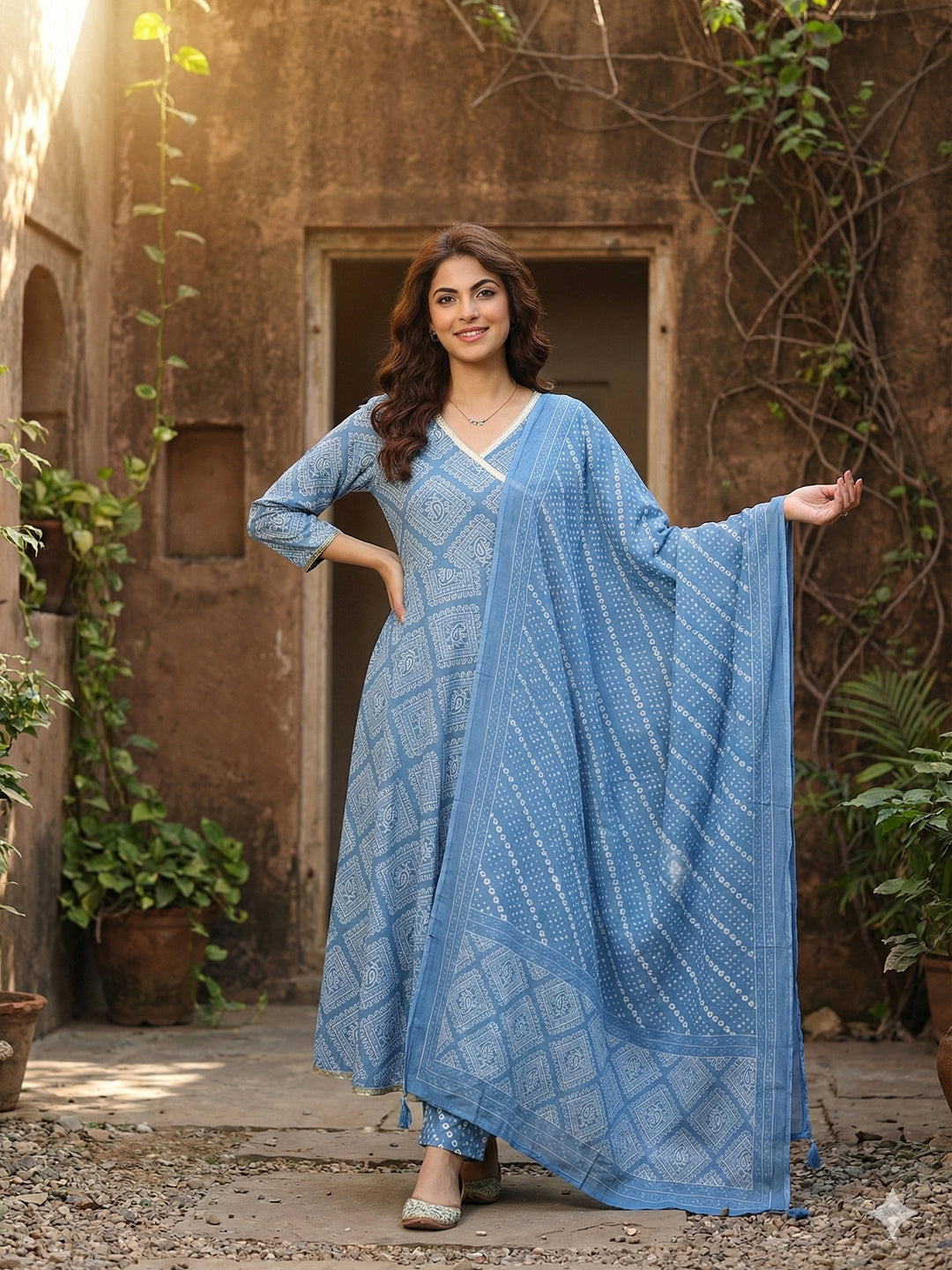 Jaitpuriya Blue Pure Cotton Anarkali Angrakha Kurta Set