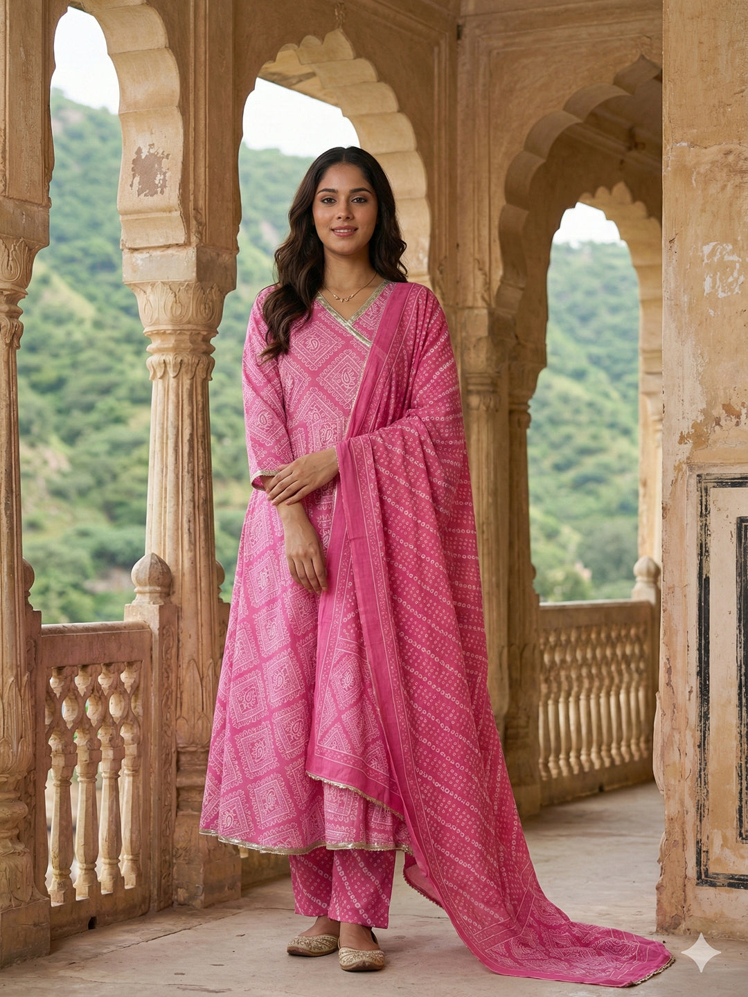 Jaitpuriya Pink Pure Cotton Anarkali Angrakha Kurta Set