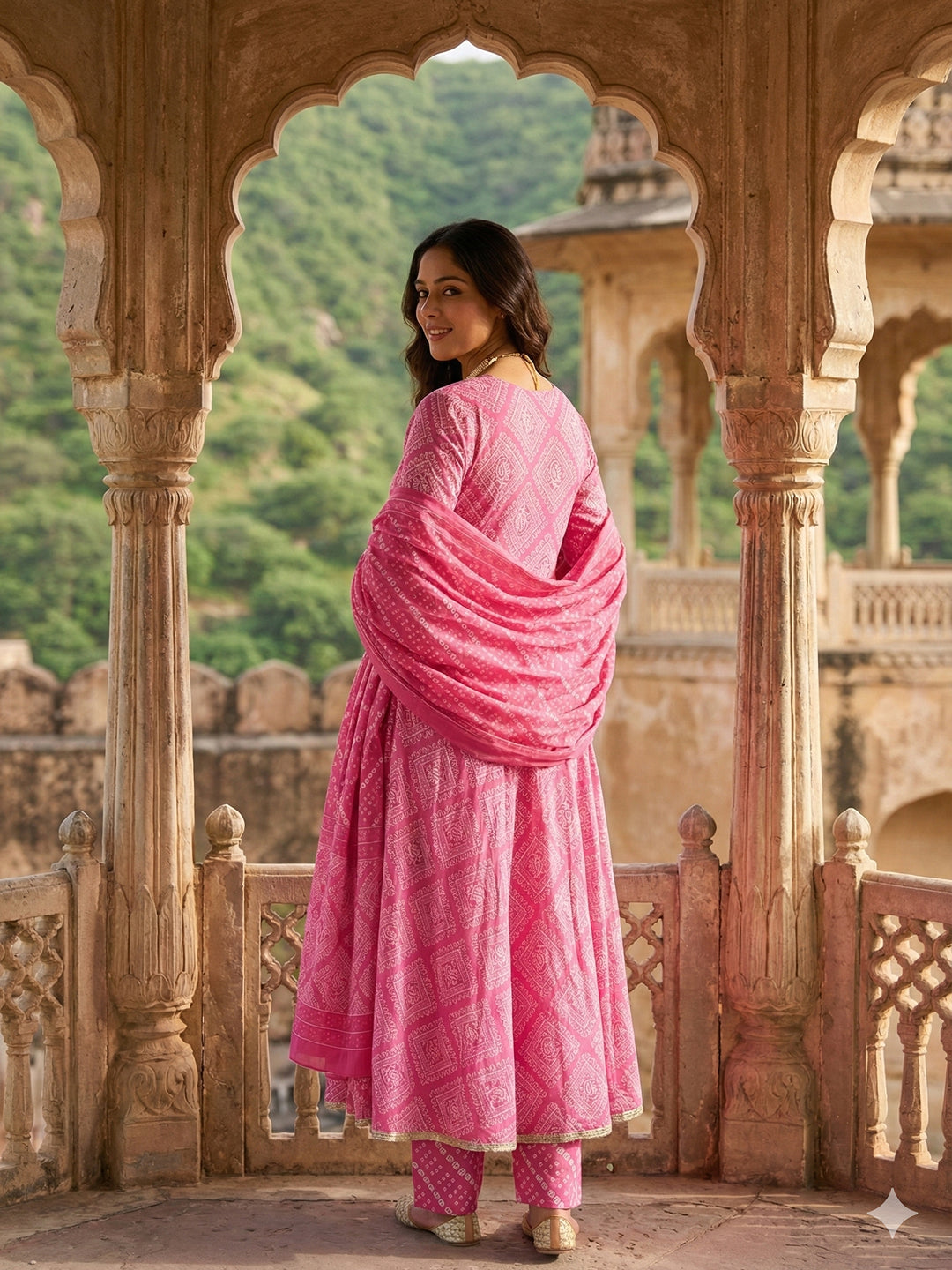 Jaitpuriya Pink Pure Cotton Anarkali Angrakha Kurta Set