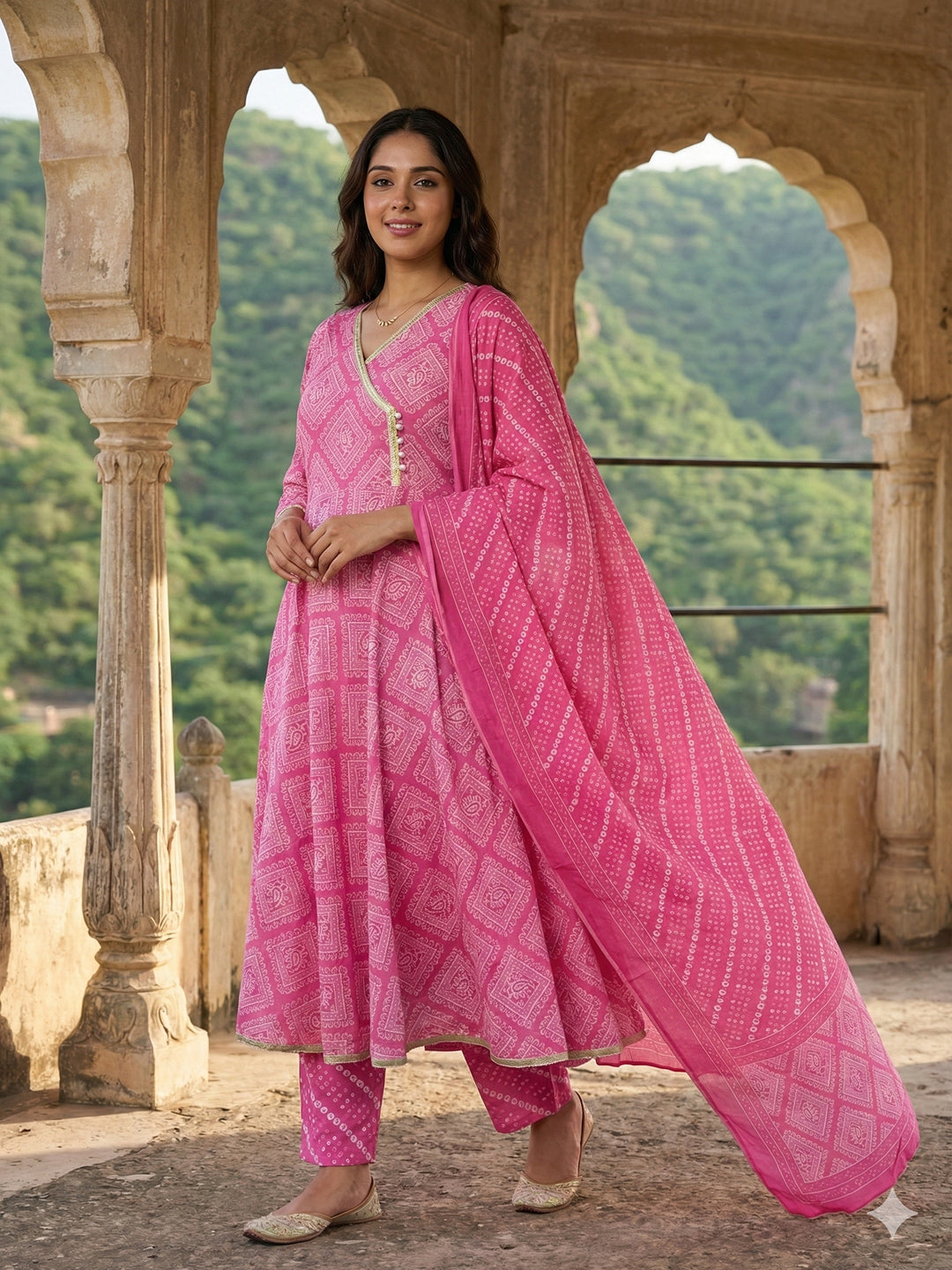 Jaitpuriya Pink Pure Cotton Anarkali Angrakha Kurta Set