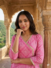 Jaitpuriya Pink Pure Cotton Anarkali Angrakha Kurta Set