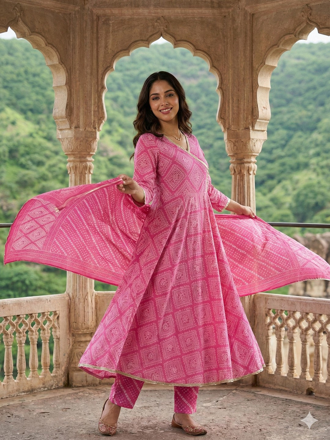 Jaitpuriya Pink Pure Cotton Anarkali Angrakha Kurta Set