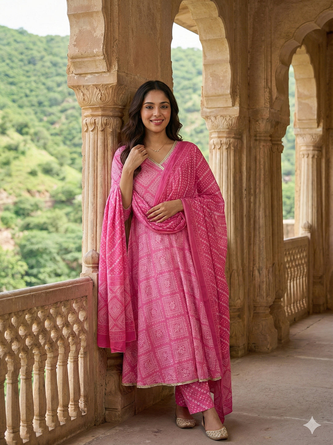 Jaitpuriya Pink Pure Cotton Anarkali Angrakha Kurta Set