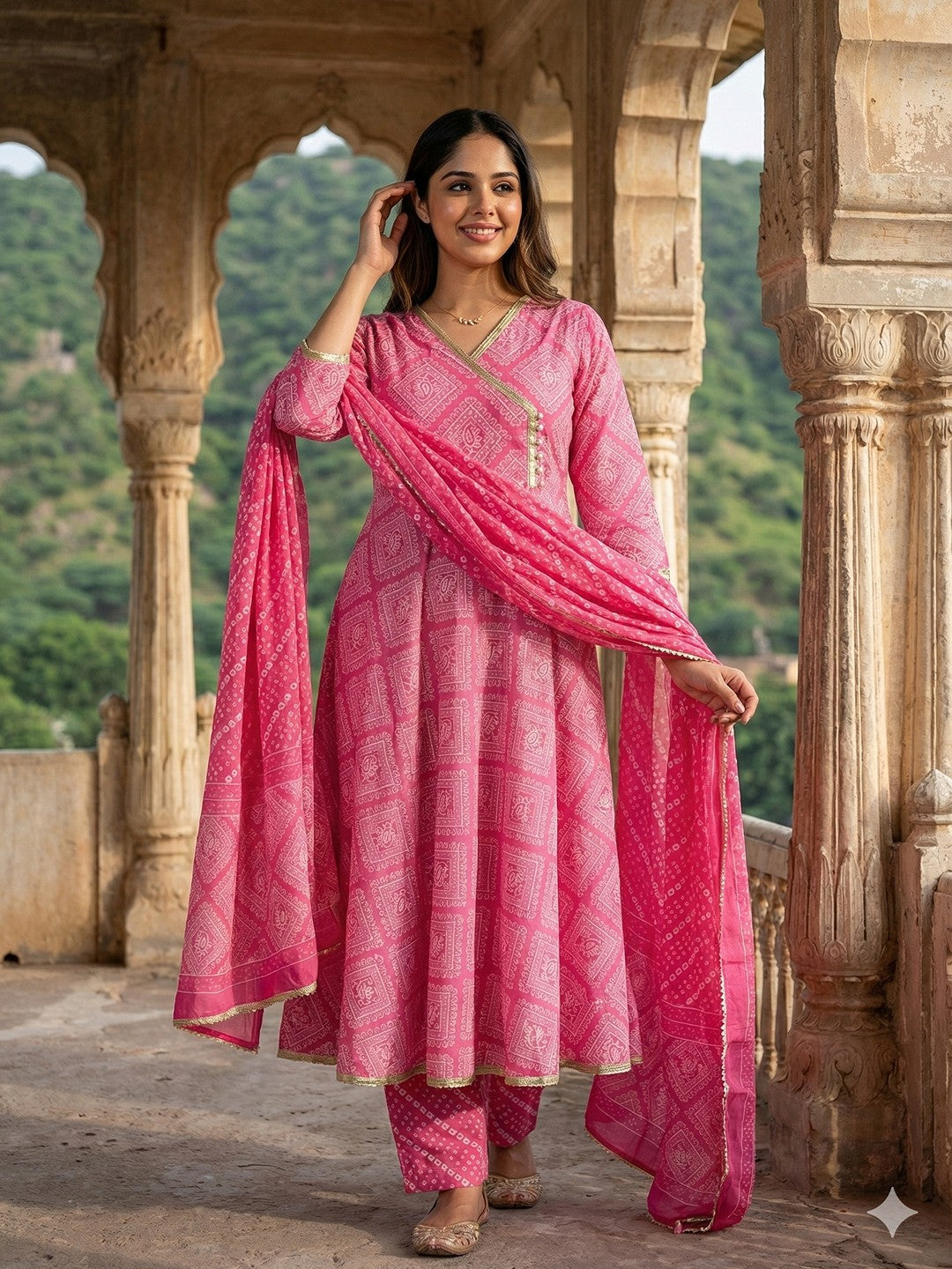 Jaitpuriya Pink Pure Cotton Anarkali Angrakha Kurta Set