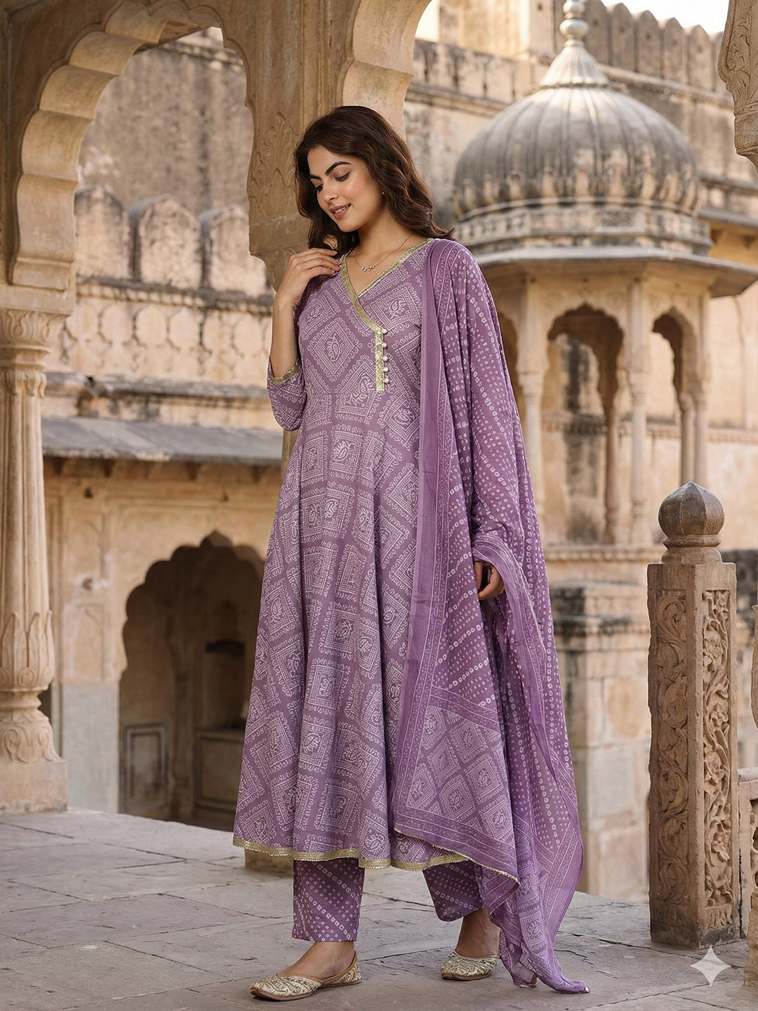 Jaitpuriya Light Purple Pure Cotton Anarkali Angrakha Kurta Set