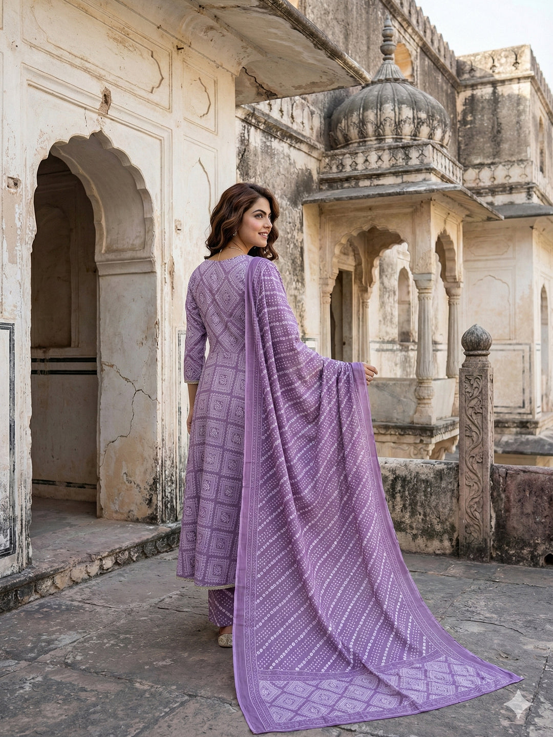 Jaitpuriya Light Purple Pure Cotton Anarkali Angrakha Kurta Set