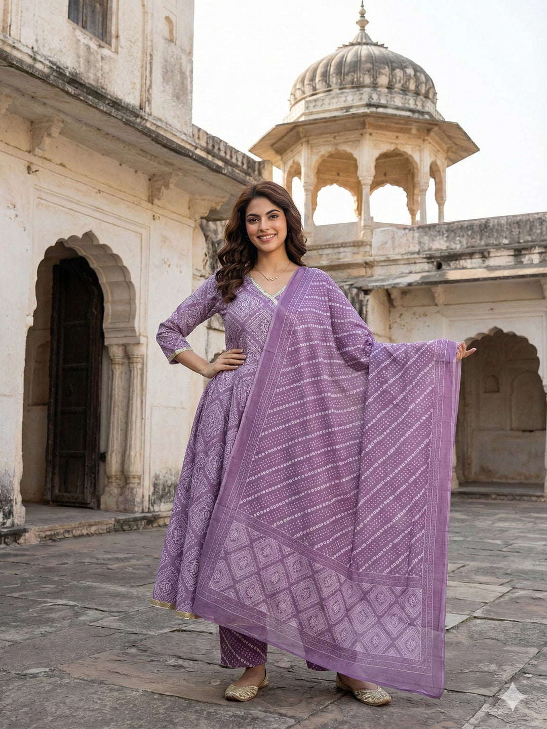 Jaitpuriya Light Purple Pure Cotton Anarkali Angrakha Kurta Set
