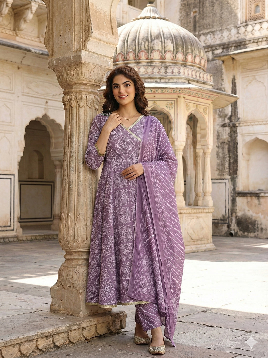 Jaitpuriya Light Purple Pure Cotton Anarkali Angrakha Kurta Set