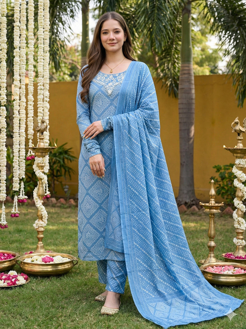 Jaitpuriya Blue Pure Cotton Straight Regular Kurta Set