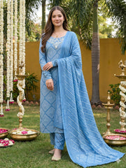 Jaitpuriya Blue Pure Cotton Straight Regular Kurta Set