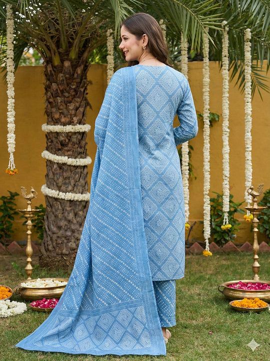 Jaitpuriya Blue Pure Cotton Straight Regular Kurta Set