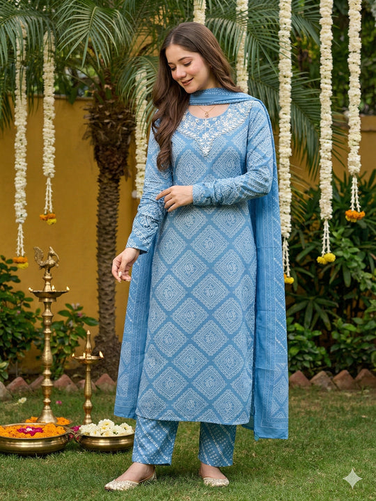 Jaitpuriya Blue Pure Cotton Straight Regular Kurta Set